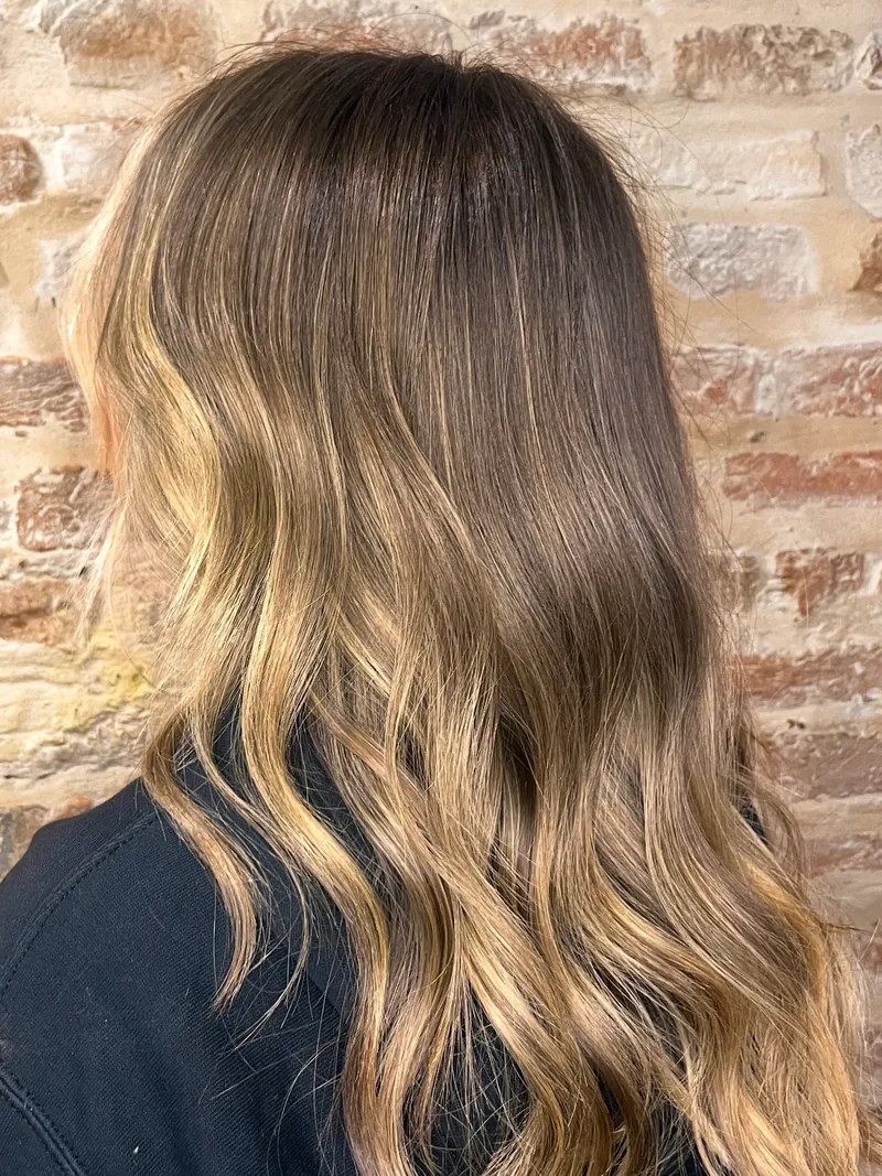 Schiariture bionde su capelli castani di media lunghezza, viste da dietro